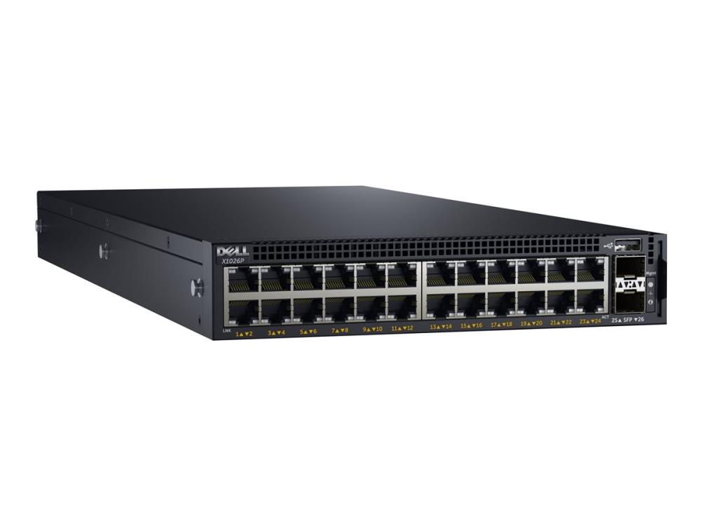 Switch | DELL | X1026P | Type L2+ | Rack 1U | 24x10Base-T / 100Base-TX / 1000Base-T | 2xSFP | 1xUSB 2.0 | 1xConsole | PoE ports 24 | PoE+ ports 12 | 360 Watts | 210-AEIN