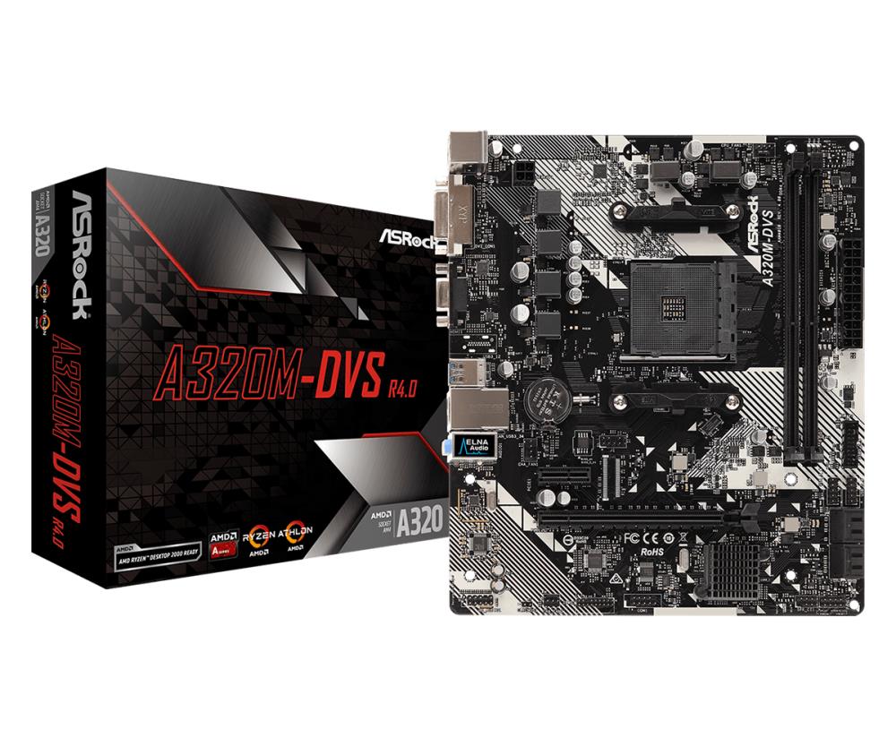 Mainboard | ASROCK | AMD A320 | SAM4 | MicroATX | 1xPCI-Express 2.0 1x | 1xPCI-Express 3.0 16x | Memory DDR4 | Memory slots 2 | 1x15pin D-sub | 1xDVI | 1xAudio-In | 1xAudio-Out | 1xMicrophone | 2xUSB 2.0 | 4xUSB 3.1 | 1xPS/2 | 1xRJ45 | A320M-DVSR4.0