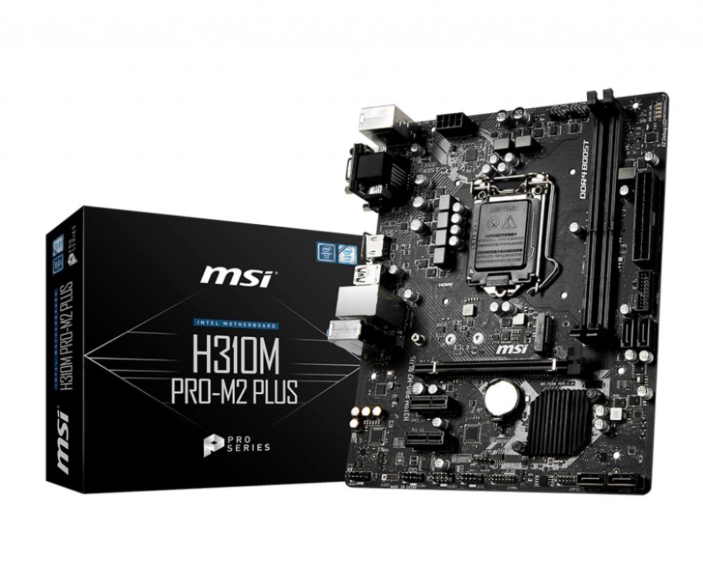 Mainboard | MSI | Intel H310 Express | LGA1151 | MicroATX | 2xPCI-Express 2.0 1x | 1xPCI-Express 3.0 16x | 1xM.2 | Memory DDR4 | Memory slots 2 | 1x15pin D-sub | 1xDVI | 1xHDMI | 2xUSB 2.0 | 2xUSB 3.1 | 1xPS/2 | 1xRJ45 | 3xAudio port | H310MPRO-M2PLU