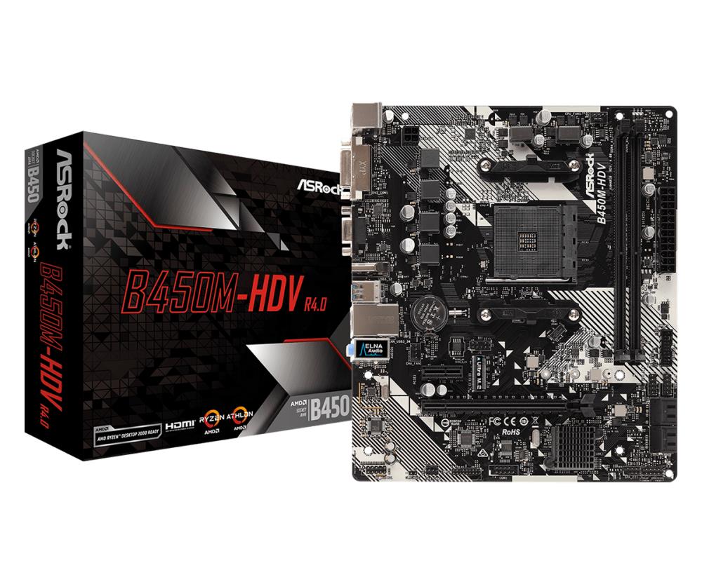 Mainboard|ASROCK|AMD B450|SAM4|MicroATX|1xPCI-Express 2.0 1x|1xPCI-Express 3.0 16x|1xM.2|Memory DDR4|Memory slots 2|1x15pin D-sub|1xDVI|1xHDMI|2xUSB 2.0|4xUSB 3.1|1xPS/2|1xRJ45|3xAudio port|B450M-HDVR4.0