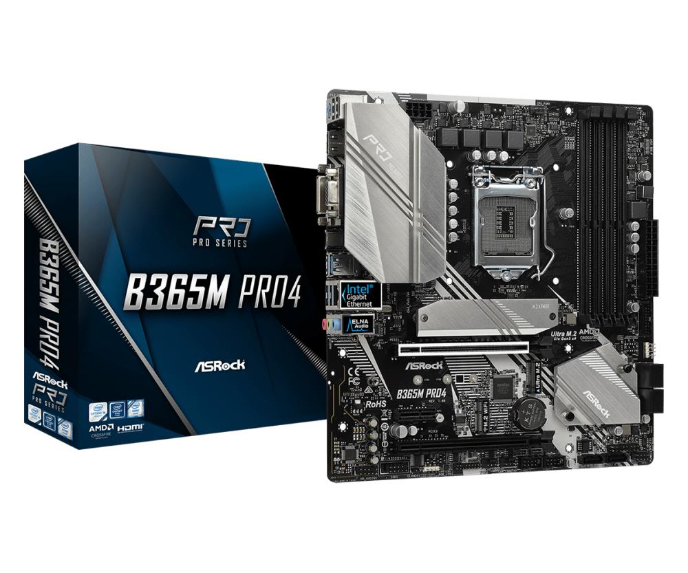 Mainboard|ASROCK|Intel B365 Express|LGA1151|MicroATX|1xPCI-Express 3.0 1x|2xPCI-Express 3.0 16x|2xM.2|Memory DDR4|Memory slots 4|1x15pin D-sub|1xDVI|1xHDMI|2xUSB 2.0|4xUSB 3.1|1xUSB type C|1xPS/2|1xRJ45|3xAudio port|B365MPRO4