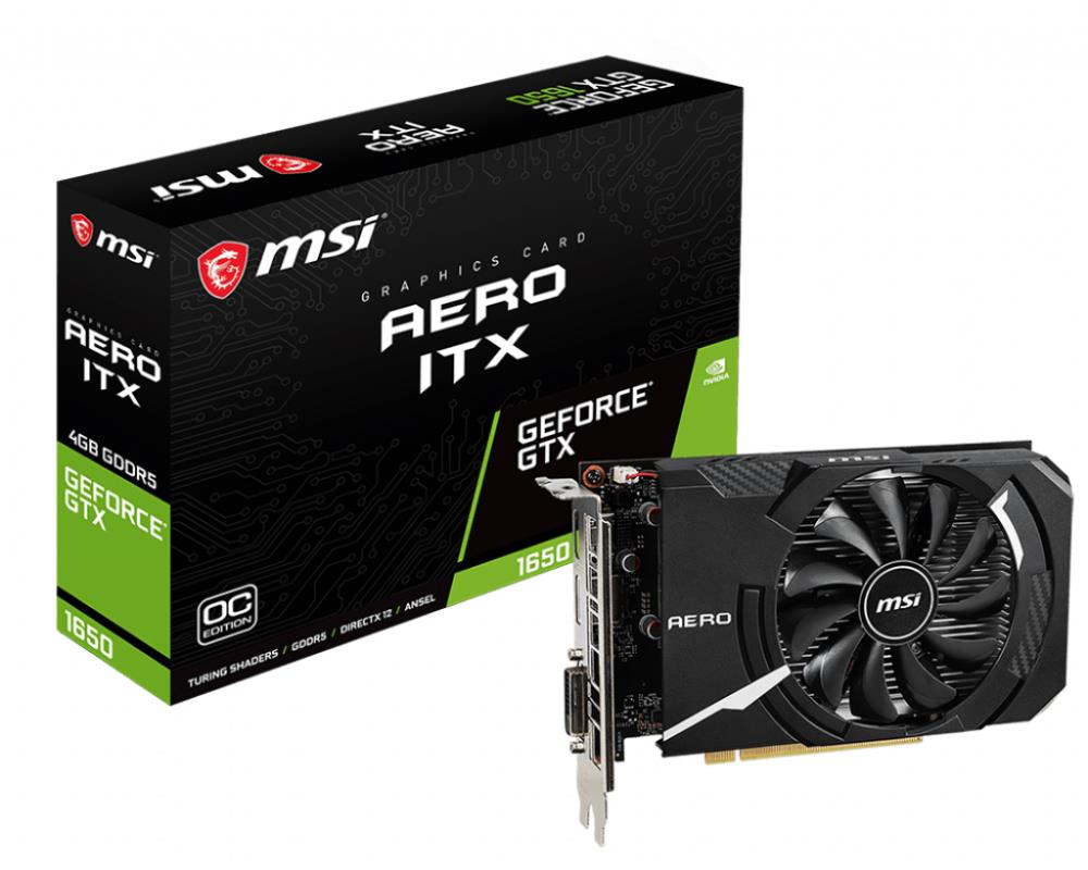 Graphics Card | MSI | NVIDIA GeForce GTX 1650 | 4 GB | 128 bit | PCIE 3.0 16x | GDDR5 | Dual Slot Fansink | 1xDVI | 1xHDMI | 1xDisplayPort | GTX1650AEROITX4GOC