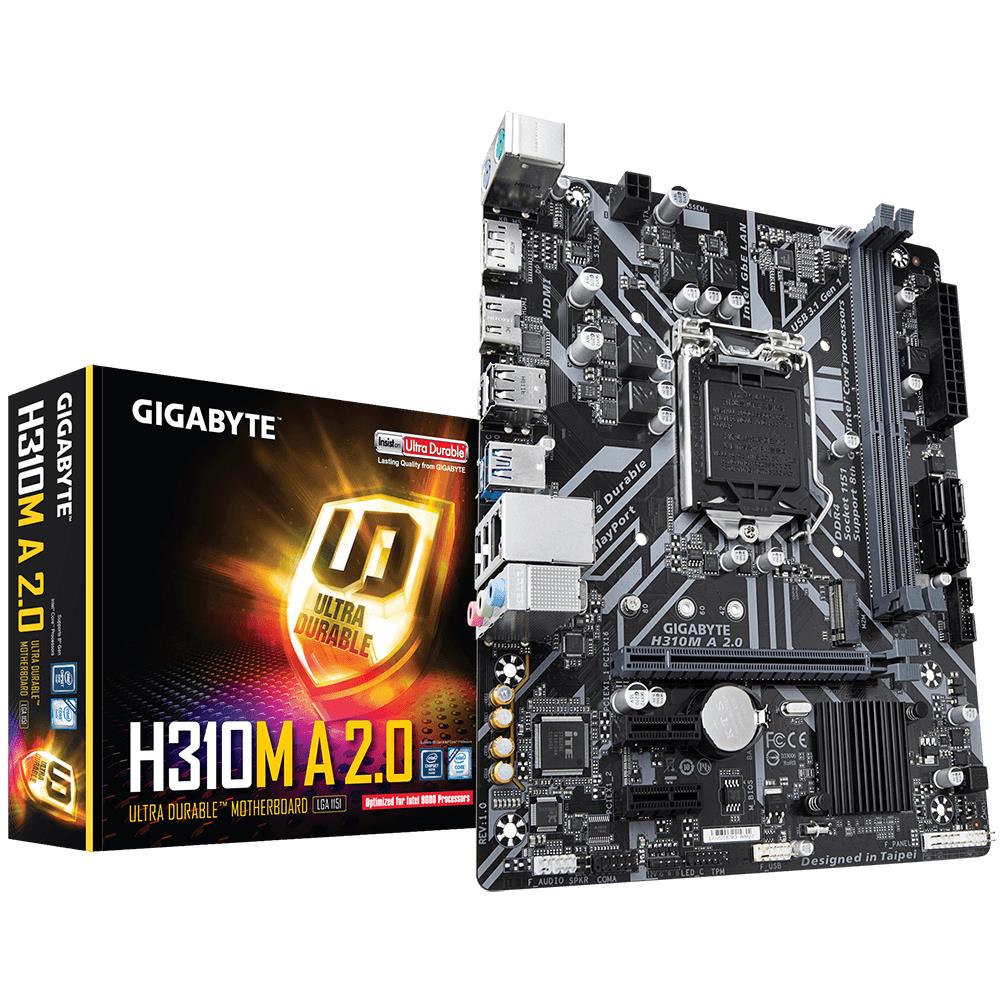 Mainboard|GIGABYTE|Intel H310 Express|LGA1151|MicroATX|2xPCI-Express 1x|1xPCI-Express 16x|1xM.2|Memory DDR4|Memory slots 2|1xHDMI|1xDisplayPort|4xUSB 2.0|1xUSB 3.1|1xUSB type C|2xPS/2|1xRJ45|3xAudio port|H310MA2.0