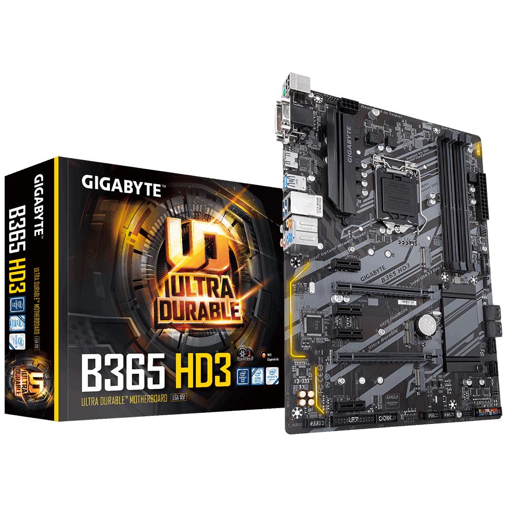 Mainboard|GIGABYTE|Intel B365 Express|LGA1151|ATX|4xPCI-Express 1x|2xPCI-Express 16x|2xM.2|Memory DDR4|Memory slots 4|1x15pin D-sub|1xDVI|1xHDMI|2xUSB 2.0|4xUSB 3.1|1xPS/2|1xRJ45|6xAudio port|B365HD3