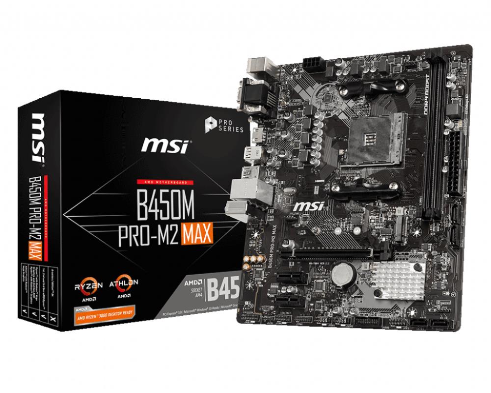 Mainboard|MSI|AMD B450|SAM4|MicroATX|2xPCI-Express 2.0 1x|1xPCI-Express 3.0 16x|1xM.2|Memory DDR4|Memory slots 2|1x15pin D-sub|1xDVI|1xHDMI|1xAudio-In|1xAudio-Out|1xMicrophone|2xUSB 2.0|4xUSB 3.2|2xPS/2|1xRJ45|B450MPRO-M2MAX