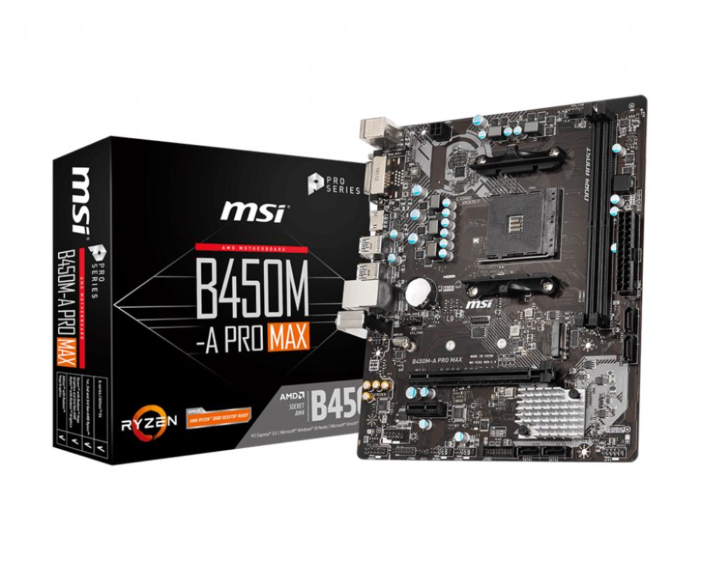 Mainboard|MSI|AMD B450|SAM4|MicroATX|1xPCI-Express 1x|1xPCI-Express 16x|1xM.2|Memory DDR4|Memory slots 2|1xDVI|1xHDMI|2xUSB 2.0|4xUSB 3.2|2xPS/2|1xRJ45|3xAudio port|B450M-APROMAX