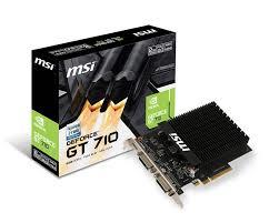 Graphics Card|MSI|NVIDIA GeForce GT 710|2 GB|64 bit|PCIE 2.0 16x|GDDR3|Memory 1600 MHz|GPU 954 MHz|Single Slot Fansink|2xDVI|1xMini-HDMI|GT7102GD3HH2D