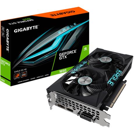 Graphics Card|GIGABYTE|NVIDIA GeForce GTX 1650|4 GB|128 bit|PCIE 3.0 16x|GDDR6|Memory 12000 MHz|GPU 1815 MHz|Dual Slot Fansink|1xDVI|1xHDMI|1xDisplayPort|GV-N1656EAGLEOC-4GD