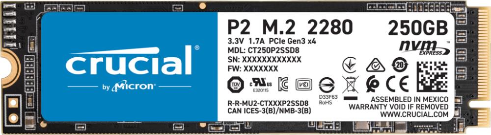 SSD|CRUCIAL|P2|250GB|M.2|PCIE|NVMe|Write speed 1150 MBytes/sec|Read speed 2100 MBytes/sec|CT250P2SSD8