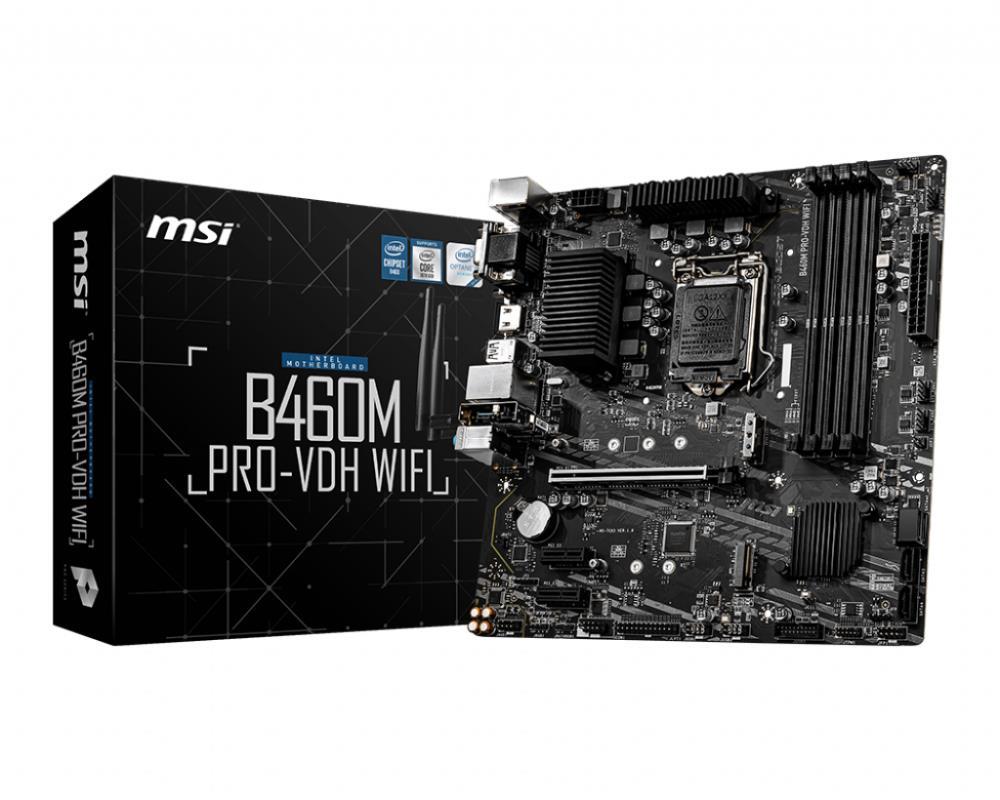 Mainboard|MSI|Intel B460 Express|LGA1200|MicroATX|2xPCI-Express 1x|1xPCI-Express 3.0 16x|2xM.2|Memory DDR4|Memory slots 4|1x15pin D-sub|1xDVI|1xHDMI|2xUSB 2.0|4xUSB 3.2|1xPS/2|1xRJ45|3xAudio port|B460MPRO-VDHWIFI