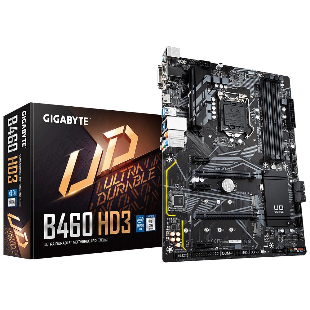 Mainboard|GIGABYTE|Intel B460 Express|LGA1200|ATX|3xPCI-Express 3.0 1x|2xPCI-Express 3.0 16x|2xM.2|Memory DDR4|Memory slots 4|1x15pin D-sub|1xHDMI|1xDisplayPort|4xUSB 2.0|5xUSB 3.2|1xPS/2|1xOptical S/PDIF|1xRJ45|6xAudio port|2xThunderbolt|B460HD3