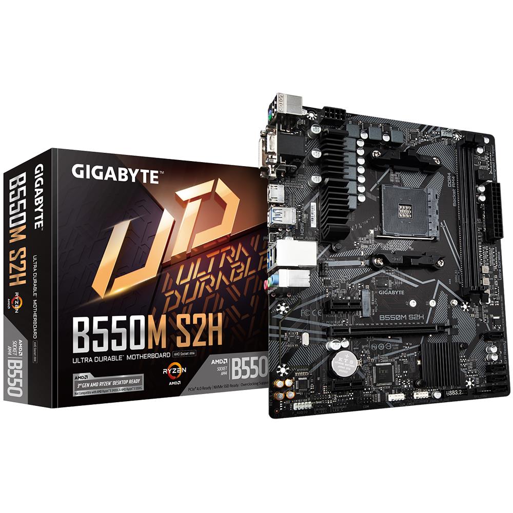 Mainboard|GIGABYTE|AMD B550|SAM4|MicroATX|2xPCI-Express 3.0 1x|1xPCI-Express 3.0 16x|1xM.2|Memory DDR4|Memory slots 2|1x15pin D-sub|1xDVI|1xHDMI|2xAudio-In|1xAudio-Out|2xUSB 2.0|4xUSB 3.2|1xPS/2|1xRJ45|B550MS2H