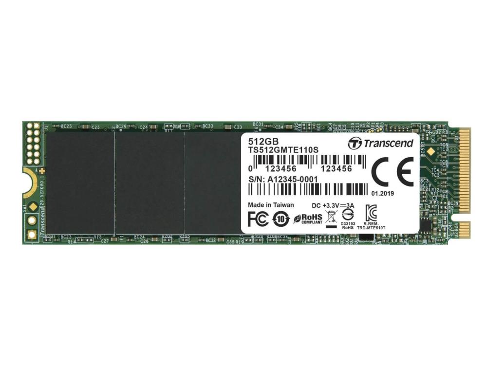 SSD|TRANSCEND|512GB|M.2|PCIE|NVMe|TLC|Write speed 900 MBytes/sec|Read speed 1700 MBytes/sec|MTBF 2000000 hours|TS512GMTE110S