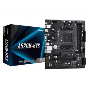 Mainboard|ASROCK|AMD A520|SAM4|MicroATX|1xPCI-Express 3.0 1x|1xPCI-Express 3.0 16x|1xM.2|Memory DDR4|Memory slots 2|1x15pin D-sub|1xHDMI|2xAudio-In|1xAudio-Out|2xUSB 2.0|4xUSB 3.2|1xPS/2|1xRJ45|A520M-HVS