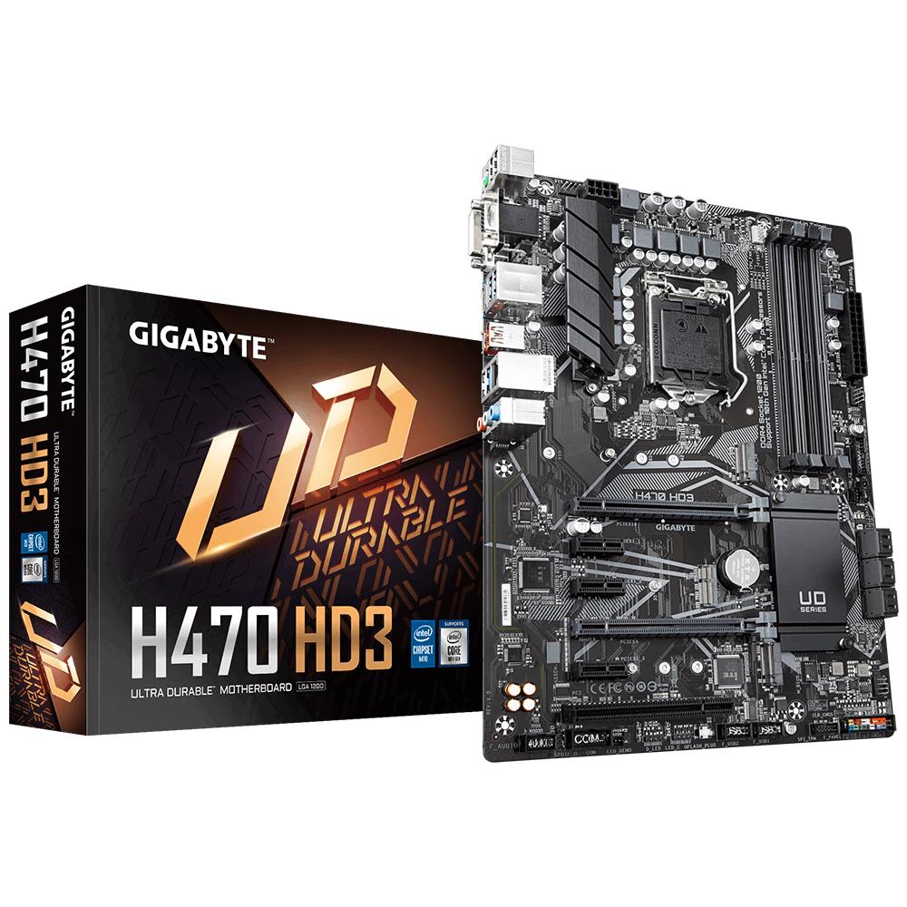 Mainboard|GIGABYTE|Intel H470 Express|LGA1200|ATX|3xPCI-Express 1x|2xPCI-Express 16x|1xPCI|2xM.2|Memory DDR4|Memory slots 4|1x15pin D-sub|1xDVI|1xHDMI|2xUSB 2.0|1xUSB type C|5xUSB 3.2|1xPS/2|1xRJ45|3xAudio port|H470HD3