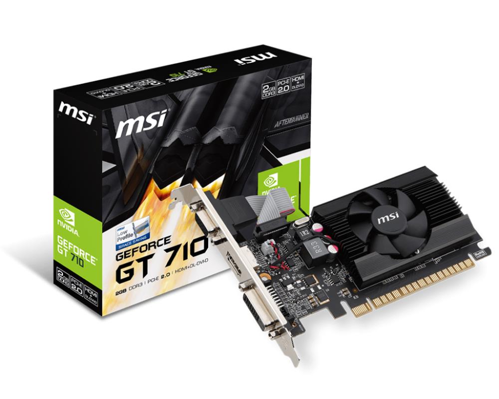 Graphics Card|MSI|NVIDIA GeForce GT 710|2 GB|64 bit|PCIE 2.0 16x|GDDR3|Memory 1600 MHz|GPU 954 MHz|Single Slot Fansink|1x15pin D-sub|1xDVI|1xHDMI|GT7102GD3LP