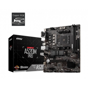 Mainboard|MSI|AMD A520|SAM4|MicroATX|2xPCI-Express 3.0 1x|1xPCI-Express 3.0 16x|1xM.2|Memory DDR4|Memory slots 2|1x15pin D-sub|1xHDMI|1xDisplayPort|2xAudio-In|1xAudio-Out|2xUSB 2.0|4xUSB 3.2|1xPS/2|1xRJ45|A520MPRO
