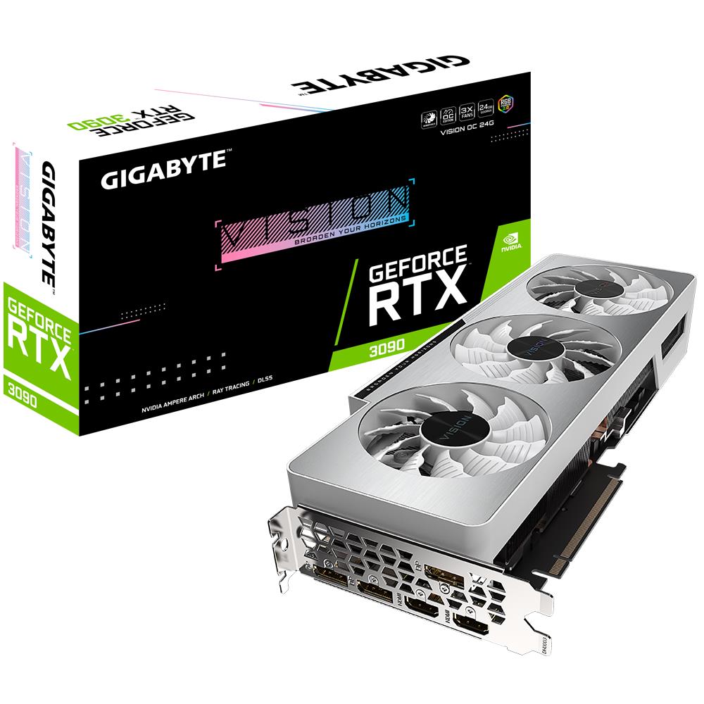 Graphics Card|GIGABYTE|NVIDIA GeForce RTX 3090|24 GB|384 bit|PCIE 4.0 16x|GDDR6X|Memory 19500 MHz|GPU 1755 MHz|2xHDMI|3xDisplayPort|GV-N3090VISIONOC-24GD