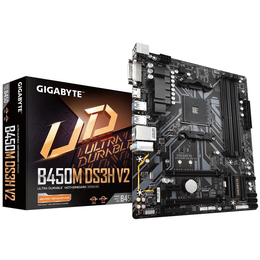 Mainboard|GIGABYTE|AMD B450|SAM4|MicroATX|1xPCI-Express 2.0 1x|1xPCI-Express 2.0 4x|1xPCI-Express 3.0 16x|1xM.2|Memory DDR4|Memory slots 4|1xDVI|1xHDMI|2xAudio-In|1xAudio-Out|4xUSB 2.0|4xUSB 3.1|1xPS/2|1xRJ45|B450MDS3HV2