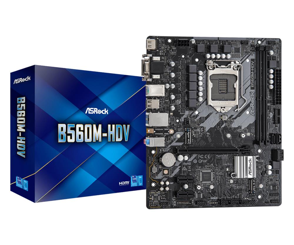 Mainboard|ASROCK|Intel B560|LGA1200|MicroATX|1xPCI-Express 3.0 1x|1xPCI-Express 4.0 16x|2xM.2|Memory DDR4|Memory slots 2|1x15pin D-sub|1xDVI|1xHDMI|2xAudio-In|1xAudio-Out|2xUSB 2.0|4xUSB 3.2|1xPS/2|1xRJ45|B560M-HDV