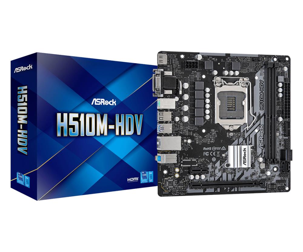 Mainboard|ASROCK|Intel H510|LGA1200|MicroATX|1xPCI-Express 3.0 16x|1xPCI-Express 4.0 16x|Memory DDR4|1x15pin D-sub|1xDVI|1xHDMI|1xAudio-In|1xAudio-Out|1xMicrophone|4xUSB 2.0|2xUSB 3.2|2xPS/2|1xRJ45|H510M-HDV