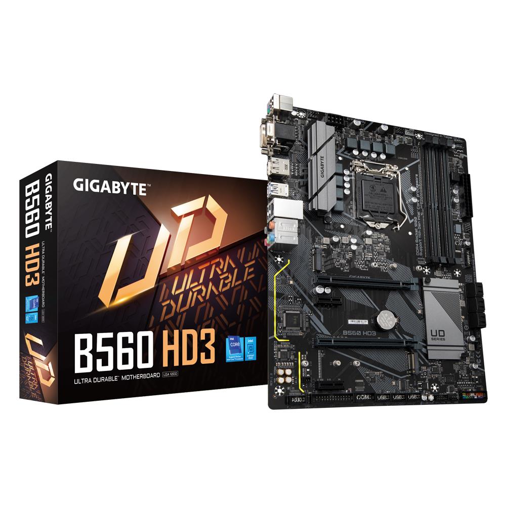 Mainboard|GIGABYTE|Intel B560|LGA1200|ATX|Memory DDR4|Memory slots 4|1xPCI-Express 3.0 1x|1xPCI-Express 3.0 4x|1xPCI-Express 4.0 16x|2xM.2|1x15pin D-sub|1xDVI|1xHDMI|1xDisplayPort|2xAudio-In|4xAudio-Out|2xUSB 2.0|4xUSB 3.2|1xPS/2|1xRJ45|B560HD3