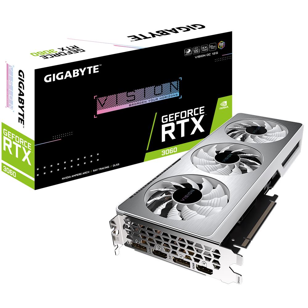 Graphics Card|GIGABYTE|NVIDIA GeForce RTX 3060|12 GB|192 bit|PCIE 4.0 16x|GDDR6|Memory 15000 MHz|GPU 1837 MHz|2xHDMI|2xDisplayPort|GV-N3060VISIONOC-12GD2