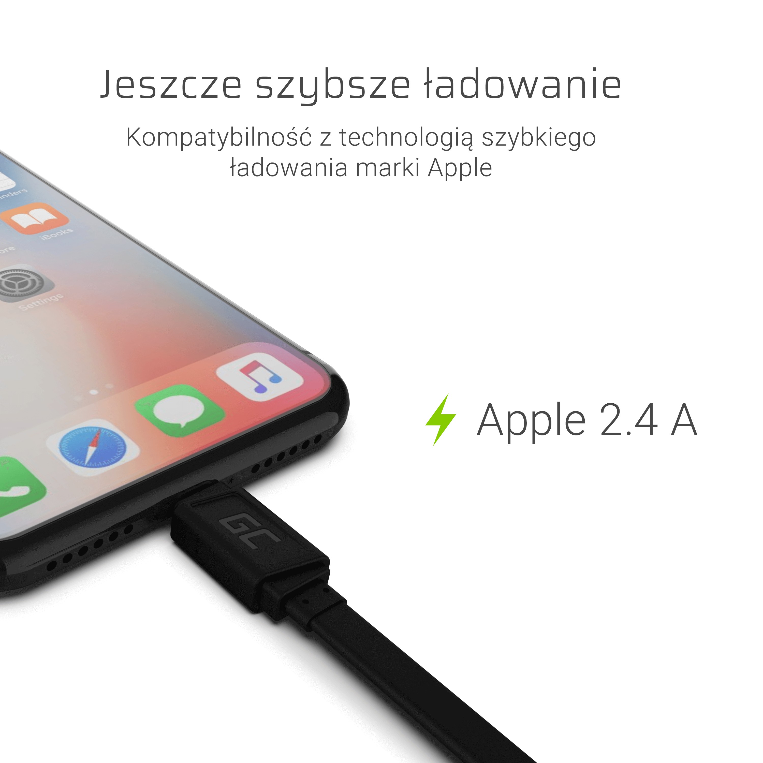 Kabel Przewód GCmatte Lightning Płaski 25 cm z obsługą szybkiego ładowania Apple 2.4A