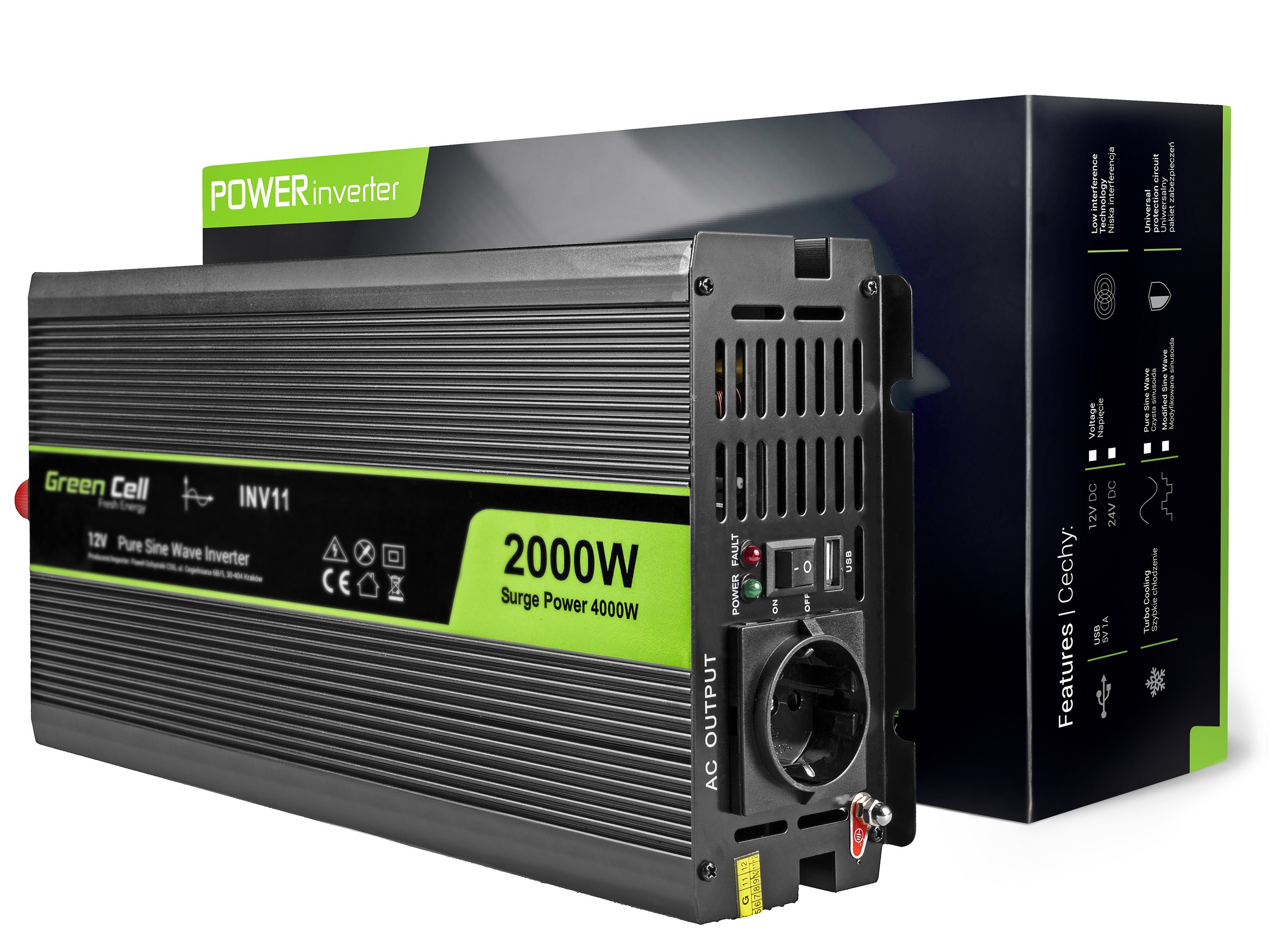 Green Cell ® Voltage Car Inverter 12V to 230V, 2000W/4000W Full Sine Wave