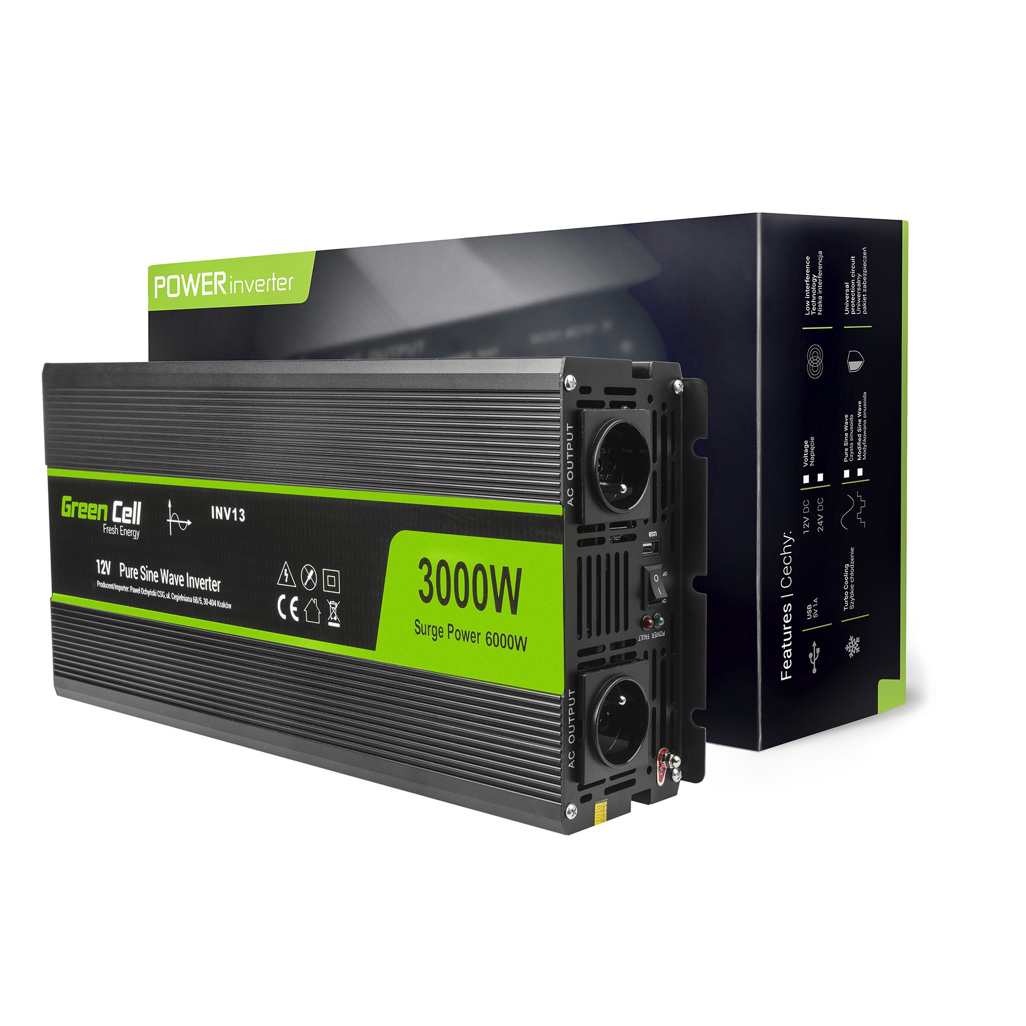 Green Cell ® Voltage Car Inverter 12V to 230V, 3000W/6000W, Full Sine Wave