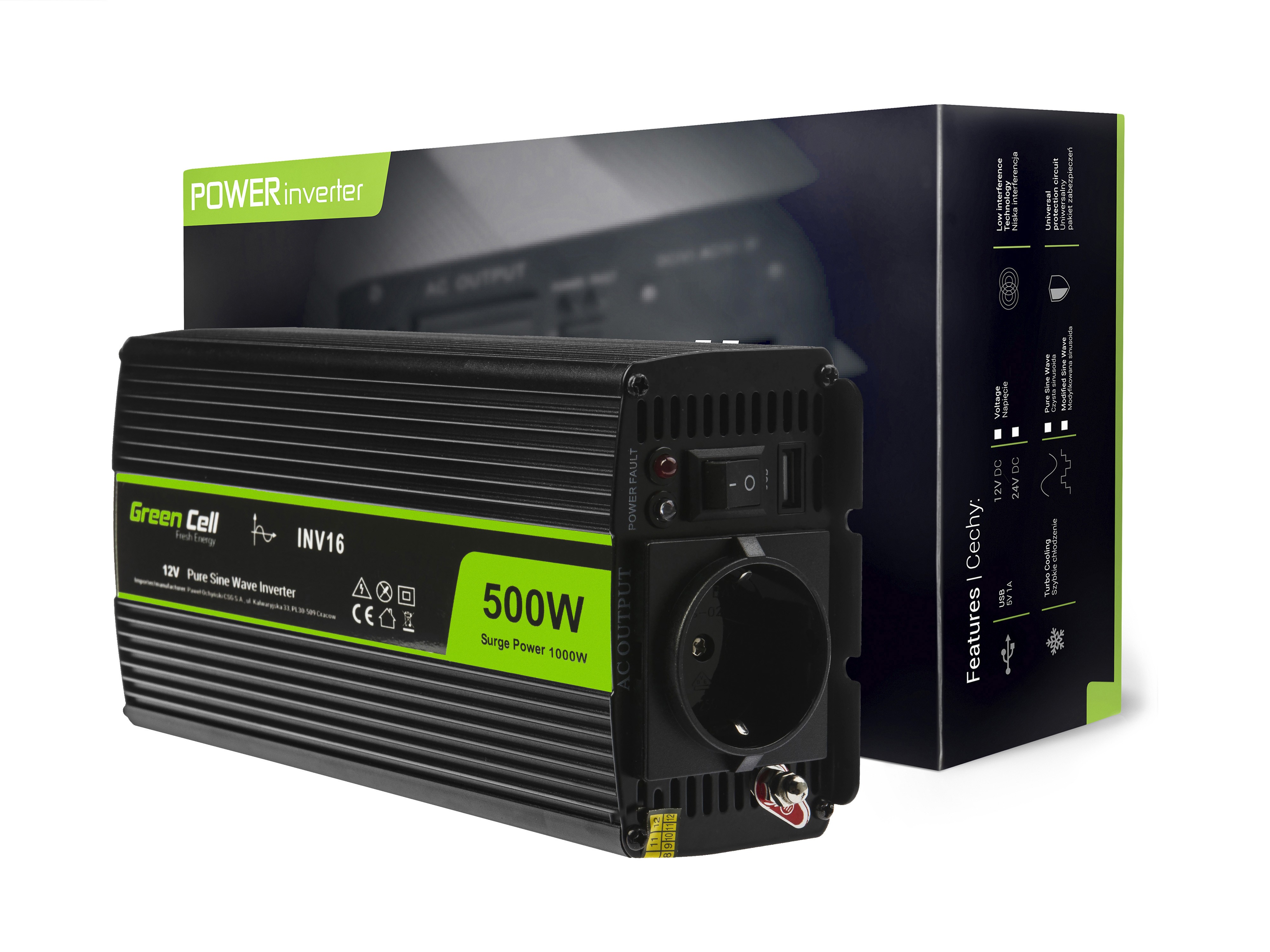 Przetwornica Green Cell® 12V na 230V Czysta sinusoida 500W