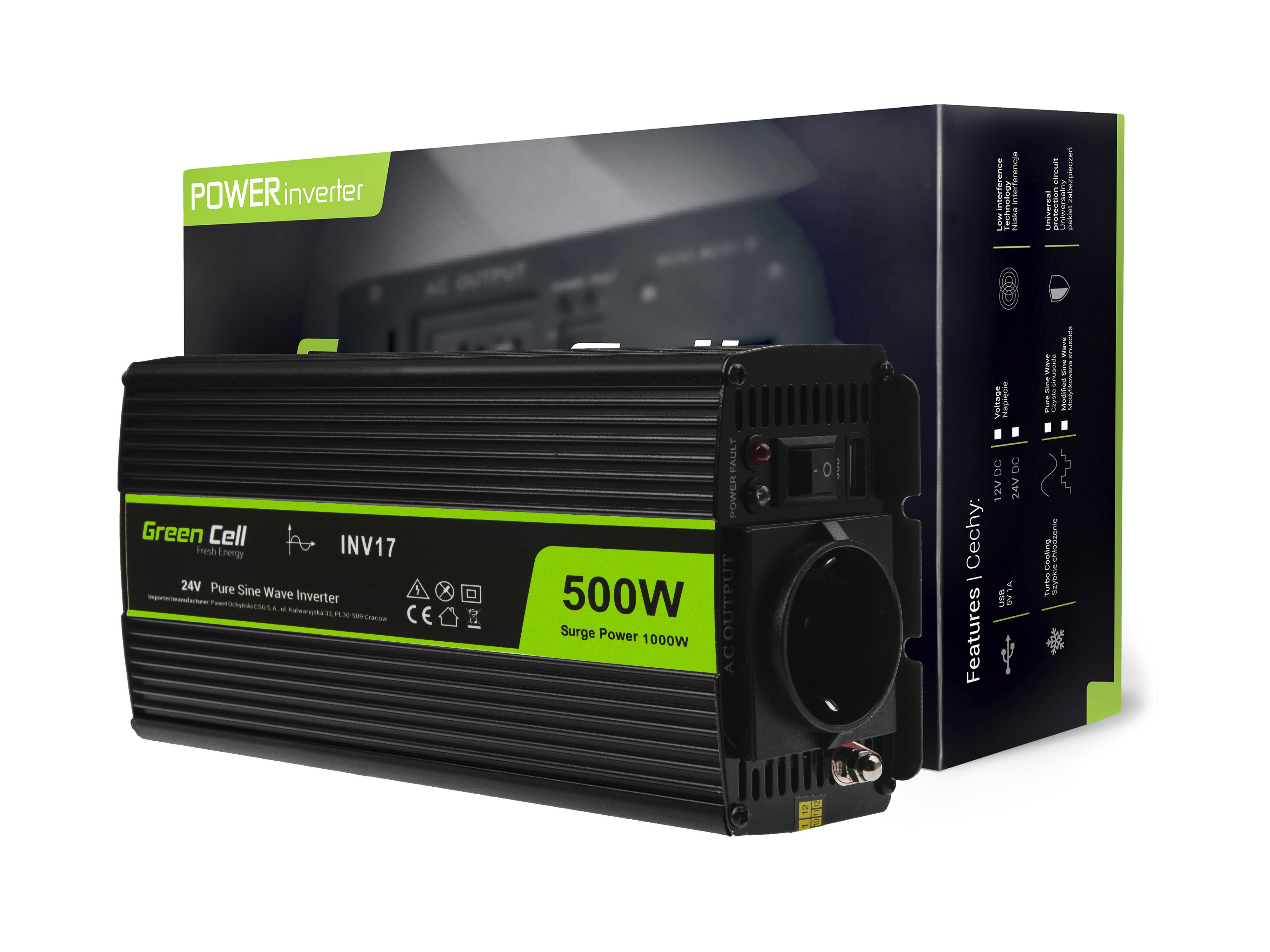 Przetwornica Green Cell® 24V na 230V Czysta sinusoida 500W